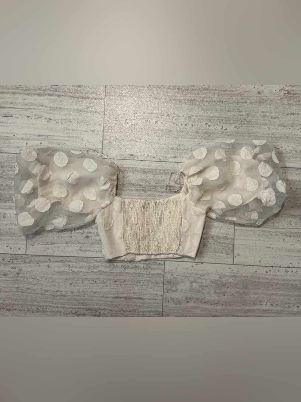 Zara Cream Sheer Polka Dot Puff Sleeve Crop Top